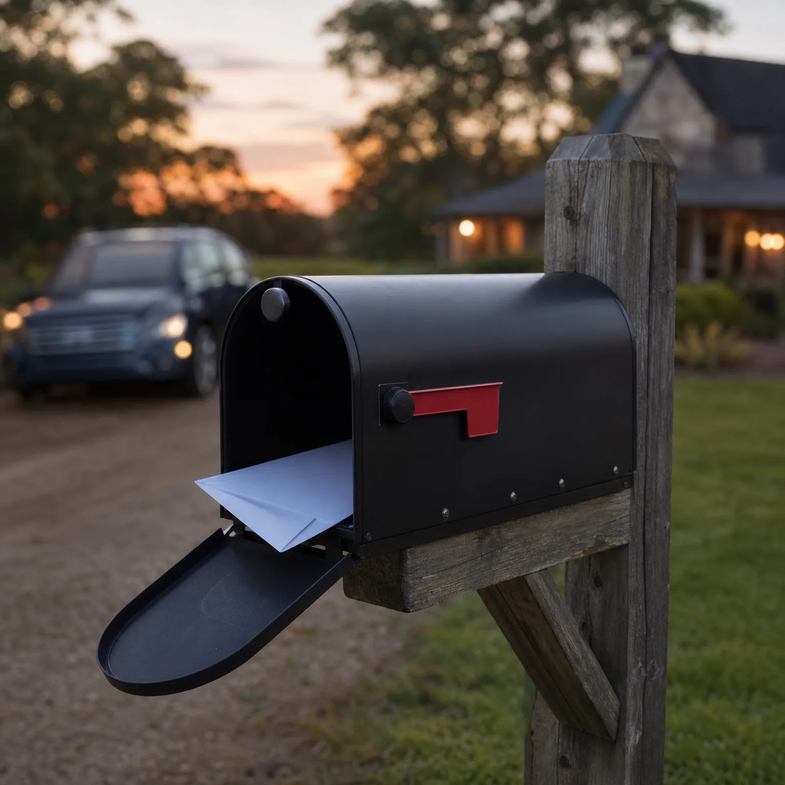 An open black mailbox with a raised red flag on a weathered wooden post, holding white envelopes, with a blurred car on a gravel drive and a lit house at dusk in the background.